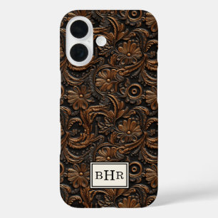Braunes, getriebenes Leder mit Monogramm im Vintag iPhone 16 Hülle