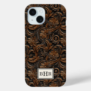 Braunes, getriebenes Leder mit Monogramm im Vintag Case-Mate iPhone Hülle
