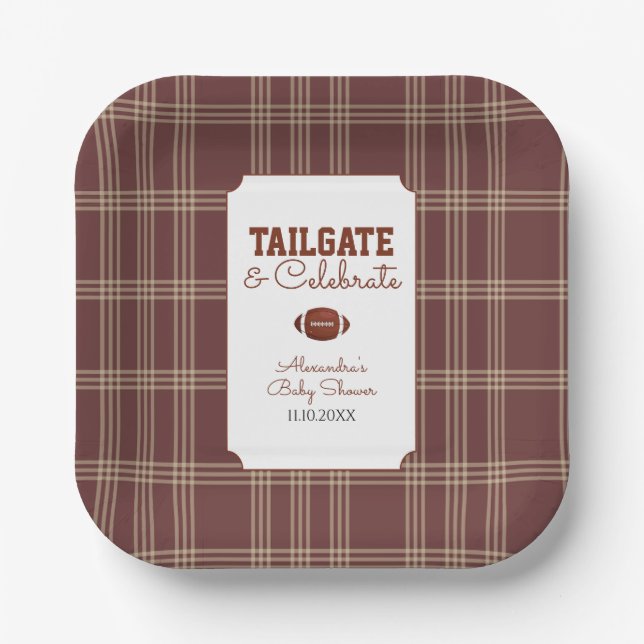 Braunes Gingham-Fußball-Tailgate-Baby-Shower Pappteller (Vorderseite)