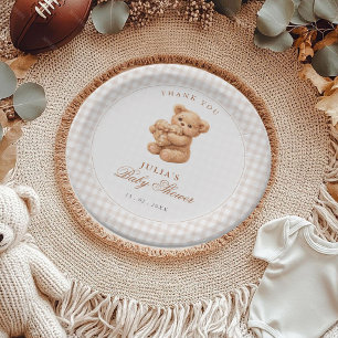 Braunes Gingham-Teddybär Neutrale Babyparty-Papier Pappteller