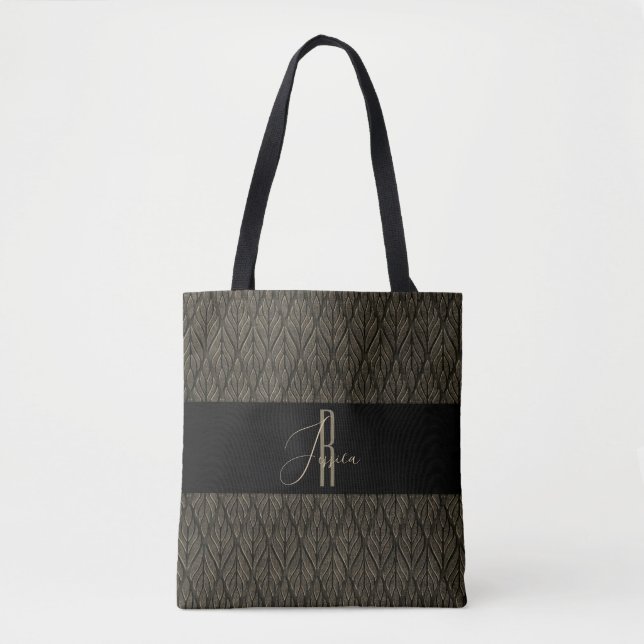 Braunes Gold Blatt Leder Muster & Monogramm (Vorderseite)