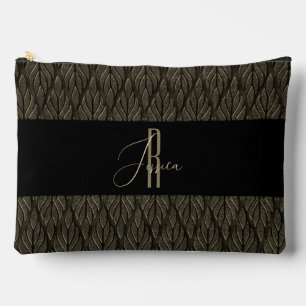 Braunes Gold Blatt Leder Muster & Monogramm Zubehörtasche