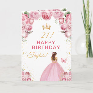 Braunes Haar Mädchen mit rosa Blumen Happy Birthda Karte