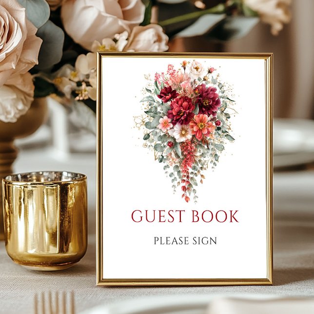 Braunes Herbstblumen-Gästebuch Eukalyptus-Schild Poster (Maroon Autumn Floral Guest Book Eucalyptus Sign

)