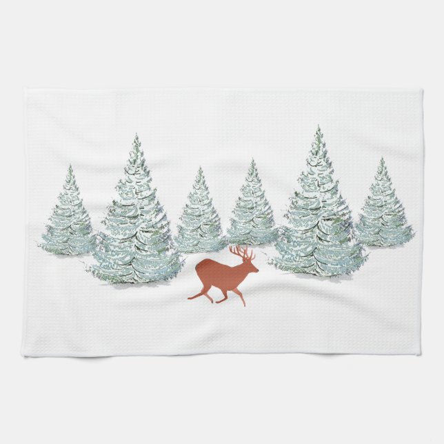 Braunes Hirsch unter schneebedeckten Spruce Trees Geschirrtuch (Horizontal)