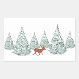 Braunes Hirsch unter schneebedeckten Spruce Trees Rechteckiger Aufkleber