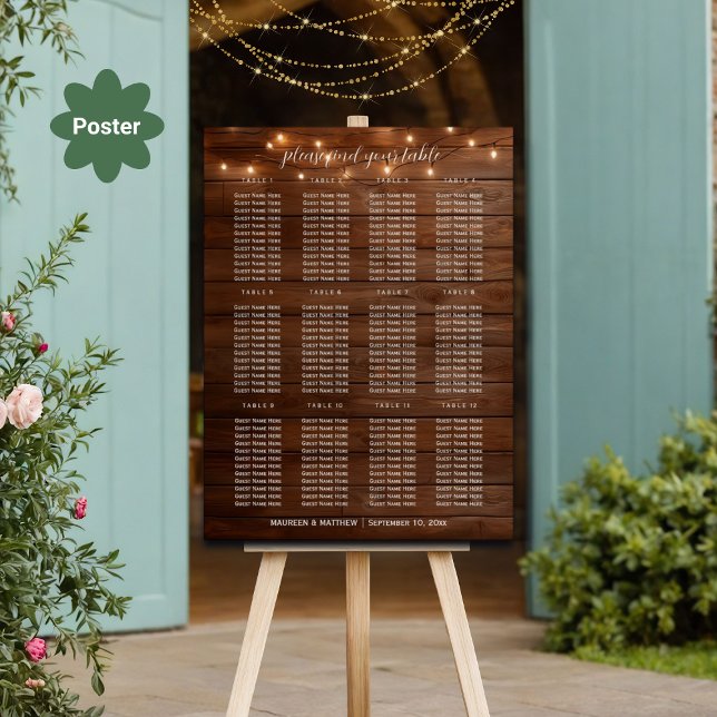 Braunes Holz String Lights 12 Tische Hochzeitssitz Poster (Von Creator hochgeladen)