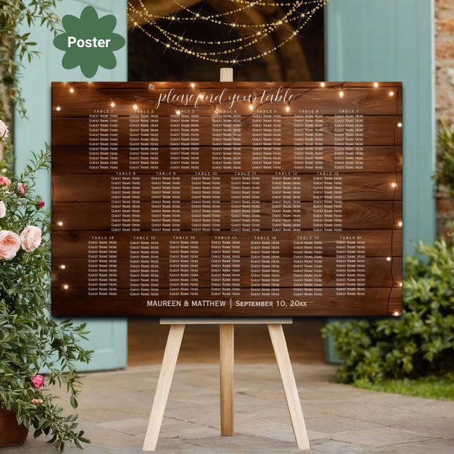 Braunes Holz String Lights 20 Tische Hochzeitssitz Poster (Von Creator hochgeladen)