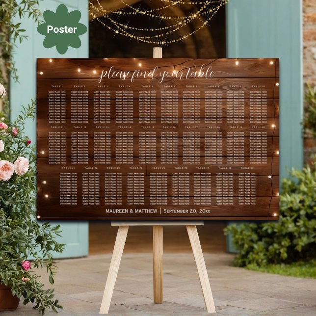 Braunes Holz String Lights 29 Tische Hochzeitssitz Poster (Von Creator hochgeladen)
