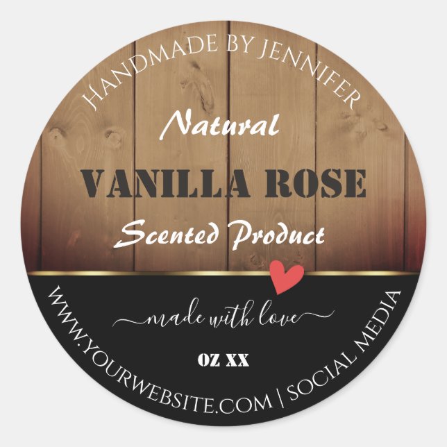 Braunes Holzkörnchen Verpackungsetiketten Herz Runder Aufkleber (Vorderseite)