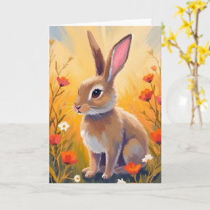 Braunes Kaninchen Blumiges Feld Tiermalerei Karte