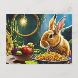 Braunes Kaninchen mit einer Spaghetti-Schüssel Postkarte