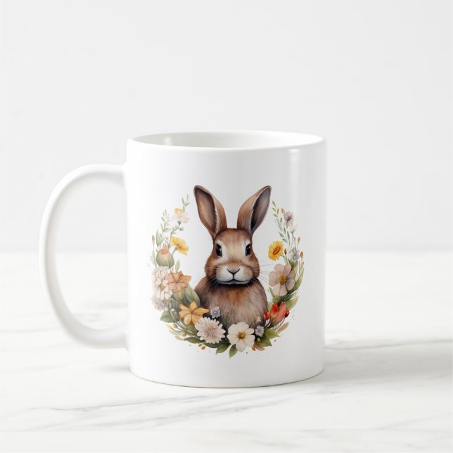 Braunes Kaninchen mit Frühlingsblumen Kaffeetasse (Links)