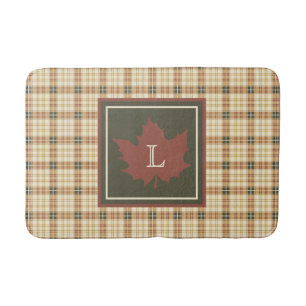 Braunes Kariertes Muster Fall Ahornleaf Monogramm Badematte