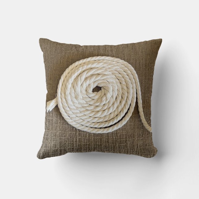 Braunes Kissen mit gepolstertem weißem Seil (Rückseite)