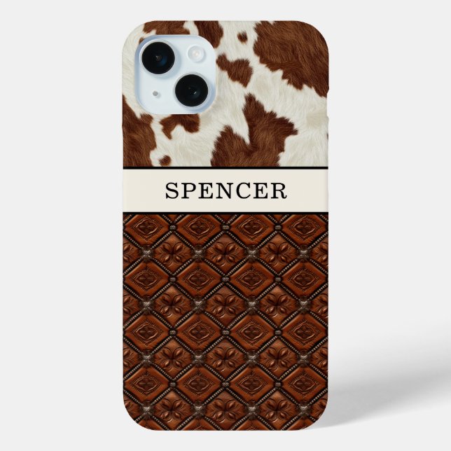 Braunes Kuhleder und monogrammierte Leder Case-Mate iPhone Hülle (Rückseite)