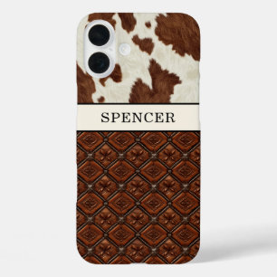 Braunes Kuhleder und monogrammierte Lederteile iPhone 16 Plus Hülle