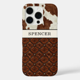 Braunes Kuhleder und monogrammierte Lederteile iPhone 16 Pro Hülle