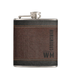 Braunes Kunstleder-Monogramm-Geschenk für den Trau Flachmann