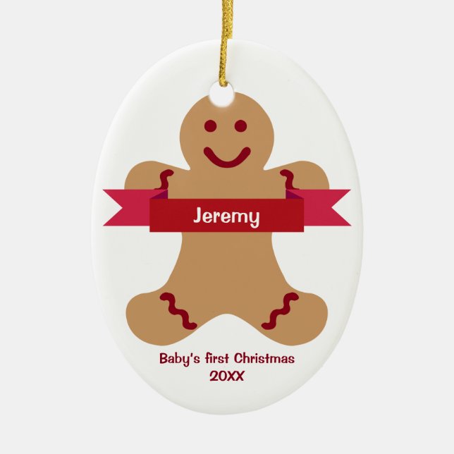 Braunes Lebkuchen Kind roter Banner Name Baby zuer Keramik Ornament (Vorne)
