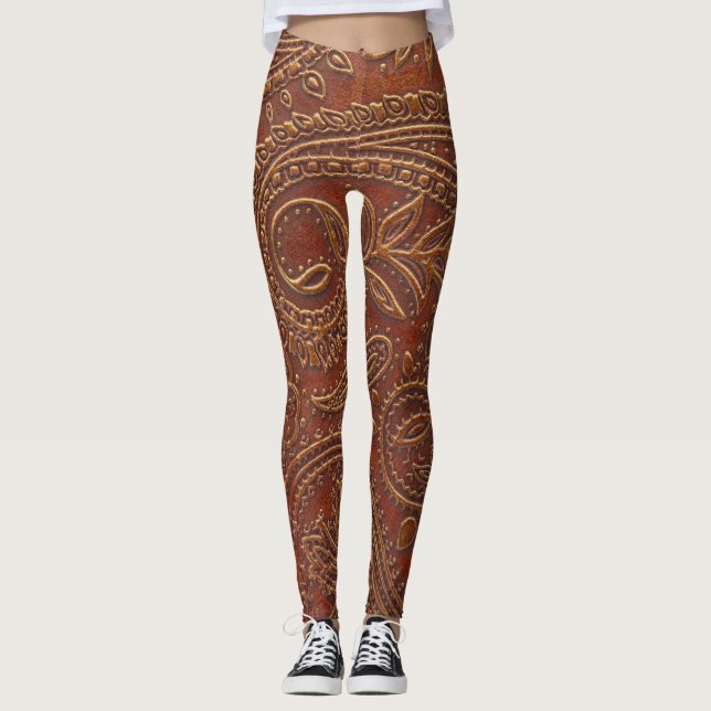 Braunes Leder, gearbeitete Blumenmuster. Leggings (Vorderseite)