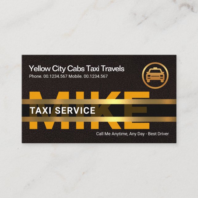 Braunes Leder Gelbes Taxi Gold Name Platard Visitenkarte (Vorderseite)