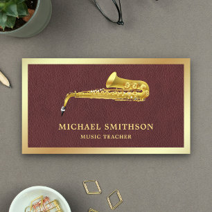 Braunes Leder Goldfolie Saxophon Musiklehrer Visitenkarte