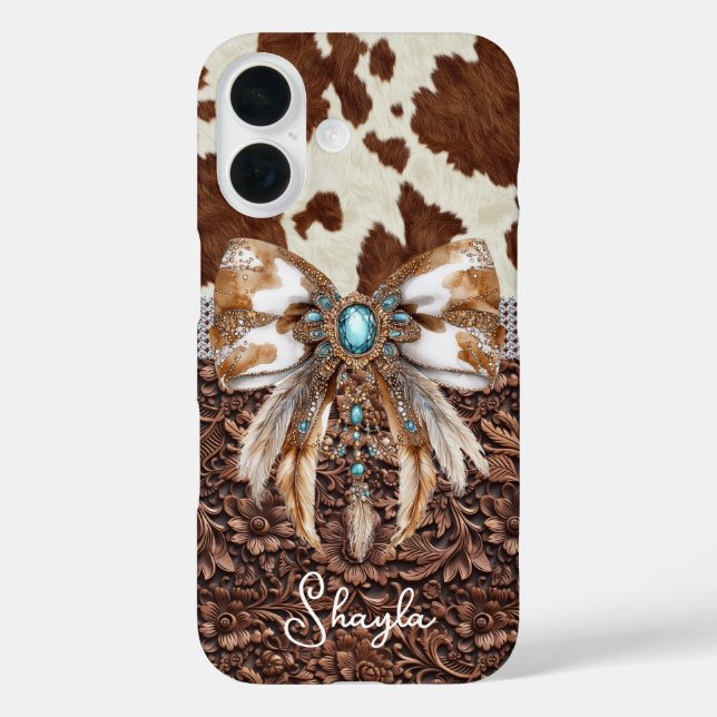Braunes Leder-Kuhleder-Juwelen-Bogen-Monogramm Case-Mate iPhone Hülle (Rückseite)