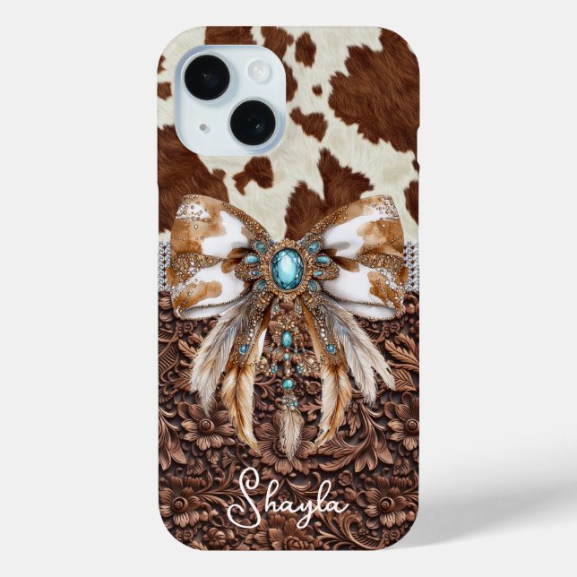 Braunes Leder-Kuhleder-Juwelen-Bogen-Monogramm Case-Mate iPhone Hülle (Rückseite)