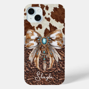 Braunes Leder-Kuhleder-Juwelen-Bogen-Monogramm Case-Mate iPhone Hülle