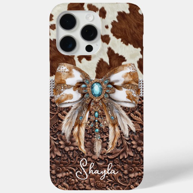 Braunes Leder-Kuhleder-Juwelen-Bogen-Monogramm Case-Mate iPhone Hülle (Rückseite)