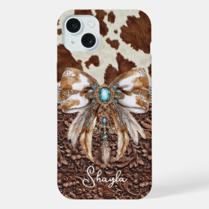 Braunes Leder-Kuhleder-Juwelen-Bogen-Monogramm iPhone 15 Plus Hülle