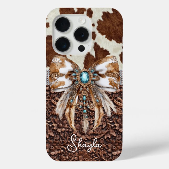 Braunes Leder-Rindleder-Juwelen-Bogen-Monogramm Case-Mate iPhone Hülle (Rückseite)