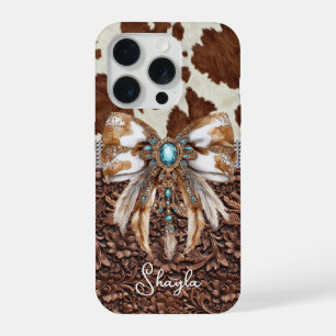 Braunes Leder-Rindleder-Juwelen-Bogen-Monogramm iPhone 15 Pro Hülle