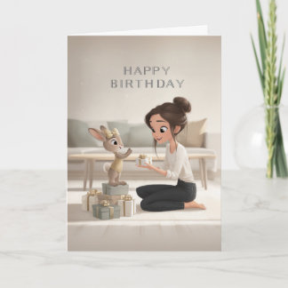 Braunes Mädchen erhält Geburtstagsgeschenk von Häs Karte