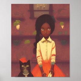 Braunes Mädchen und Katzenroboter Orangenrock Poster