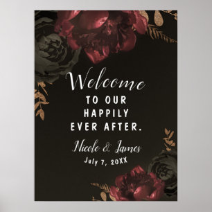 Braunes Moody Dark Floral Gold Greenery Hochzeitss Poster