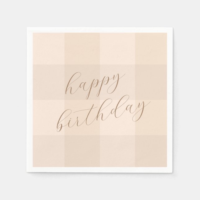 Braunes neutrales Gingham-Schriftzug Frohe Geburts Serviette (Vorderseite)