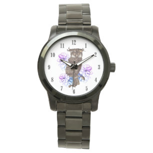 Braunes Owl Purple Blumen Armbanduhr