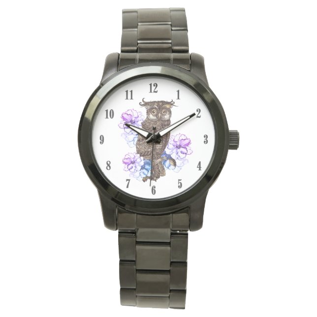 Braunes Owl Purple Blumen Armbanduhr (Vorderseite)
