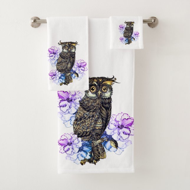 Braunes Owl Purple Blumen Badhandtuch Set (Insitu)