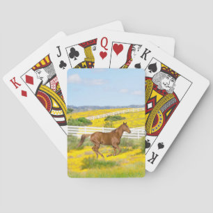 Braunes Pferd, das auf Feldkarten läuft Spielkarten