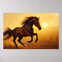 Braunes Pferd galoppiert, Sonnenuntergangshimmel,