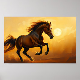Braunes Pferd galoppiert, Sonnenuntergangshimmel,  Poster