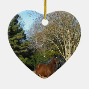 Braunes Pferd gegen einen Zaun Keramik Ornament