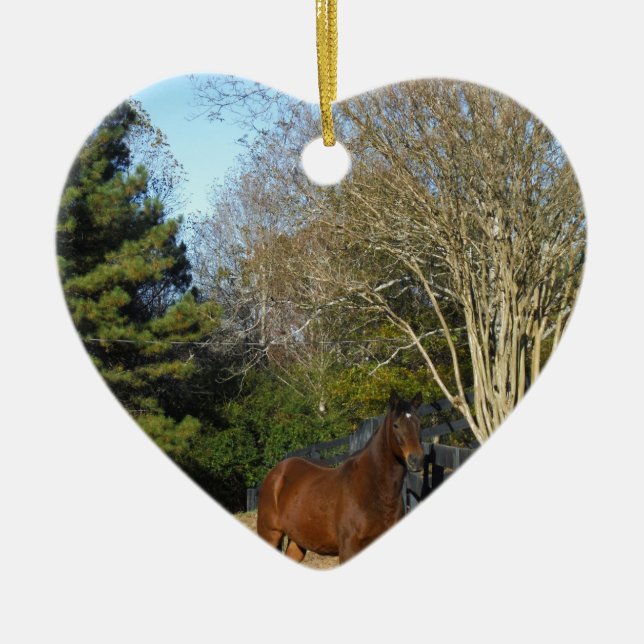 Braunes Pferd gegen einen Zaun Keramik Ornament (Vorne)