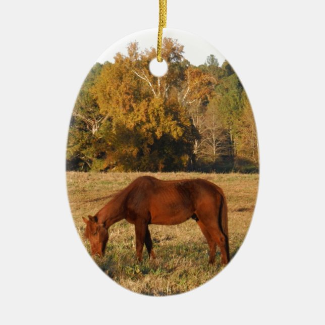 Braunes Pferd im Gelbbaumfeld Keramikornament (Vorne)
