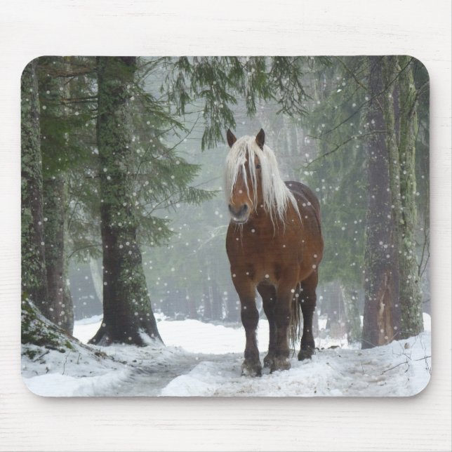 Braunes Pferd im Winterwald mit Schneefall Mousepad (Vorne)