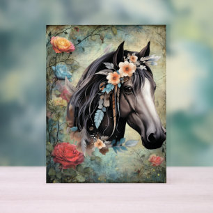 Braunes Pferd in Blumen. Acrylschild