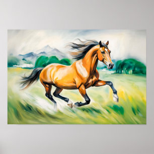 Braunes Pferd läuft über eine Wiese Poster